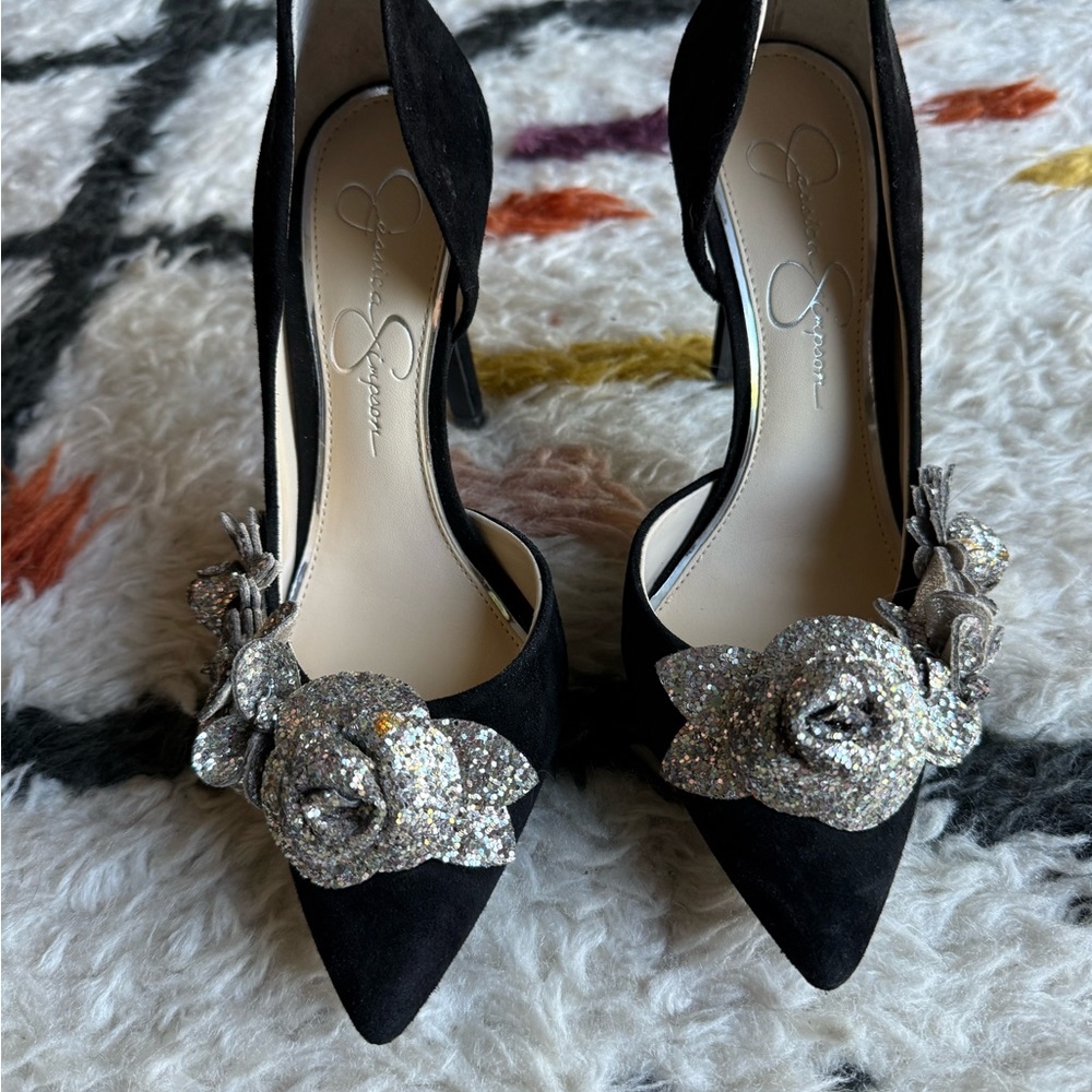 Jessica Simpson Black Glitter Rose Heels